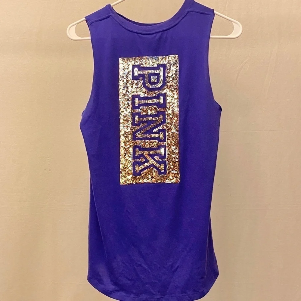 PINK Victoria’s Secret Size Small Purple Sequins Logo Tank Top, Raw Underarm Hem - Picture 8 of 8